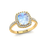 Elongated Cushion Halo Set Moonstone Engagement Ring with Diamond Band - GeumJewels