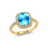 Elongated Cushion Halo Set Swiss Blue Topaz Engagement Ring with Diamond Band - GeumJewels