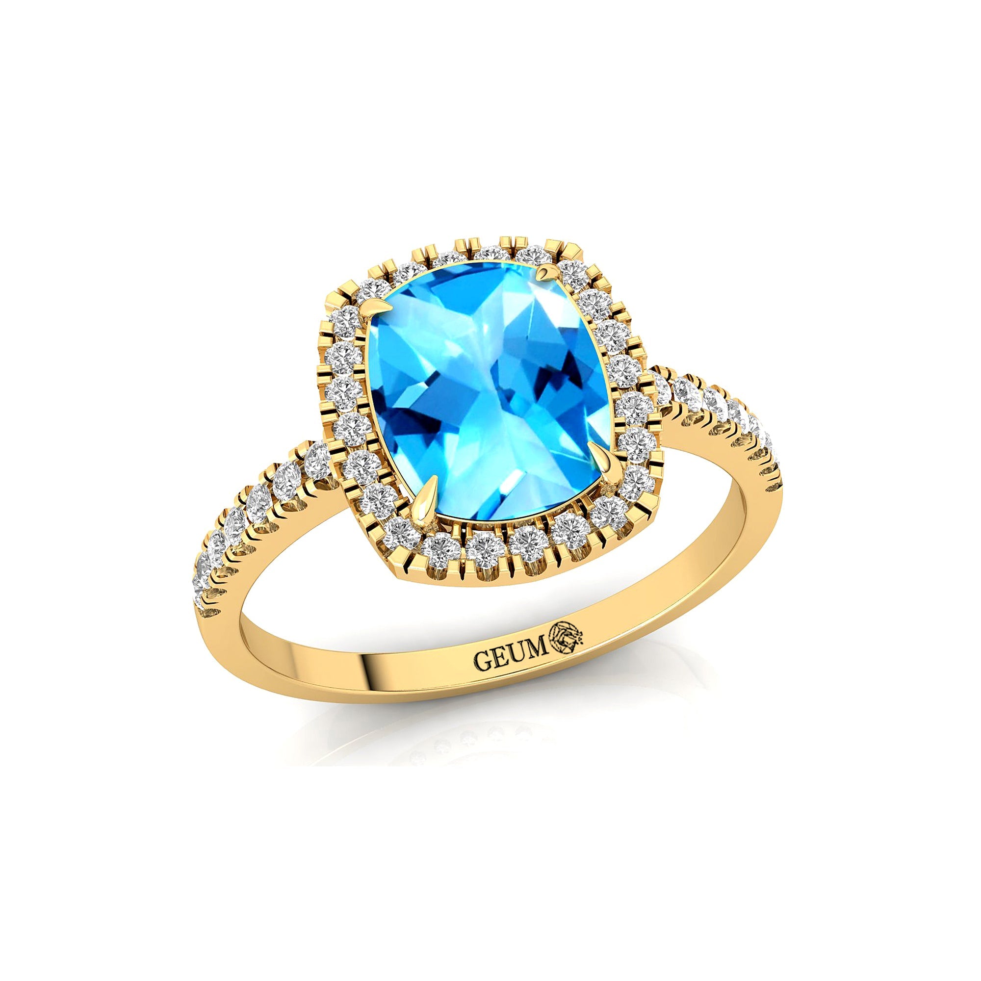 Elongated Cushion Halo Set Swiss Blue Topaz Engagement Ring with Diamond Band - GeumJewels