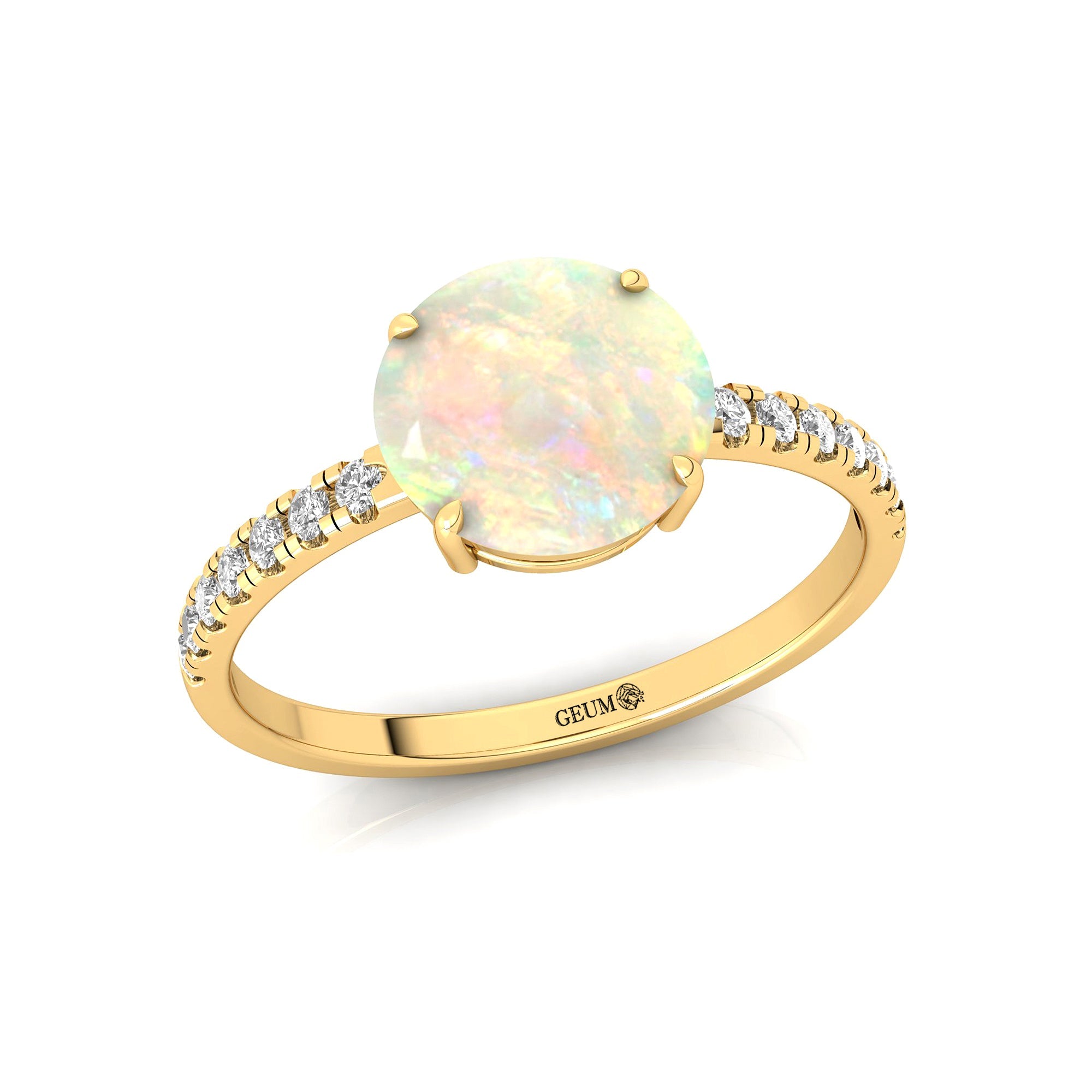 Classic Six Prong Round Solitaire Opal Ring with Accent Diamond Band - GeumJewels