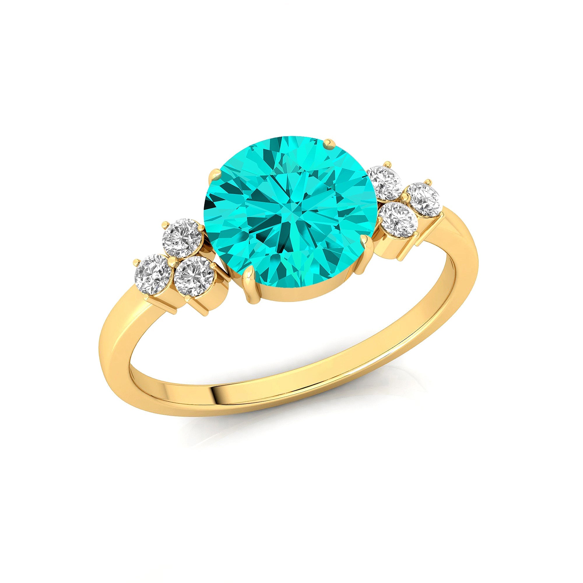 Trio Diamond Engagement Ring with Round Solitaire Paraiba Tourmaline - GeumJewels