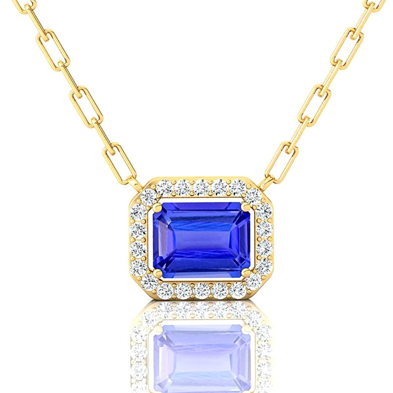 Emerald Cut Tanzanite Halo Set Diamond Necklace - GeumJewels