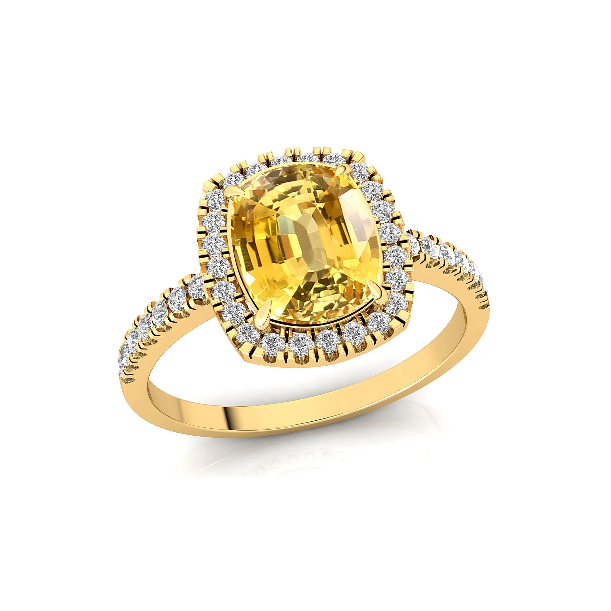 Elongated Cushion Halo Set Yellow Sapphire Engagement Ring with Diamond Band - GeumJewels