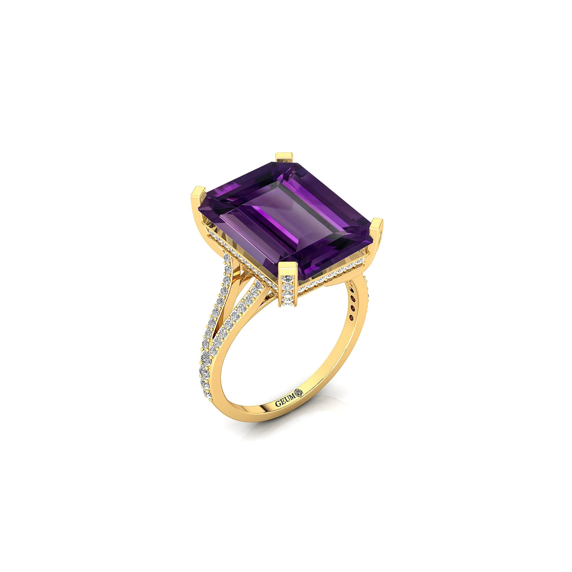 Emerald Cut Amethyst Split Shank Engagement Ring with Diamonds - GeumJewels