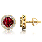 Round Solitaire Garnet Halo Diamond Stud Earrings - GeumJewels