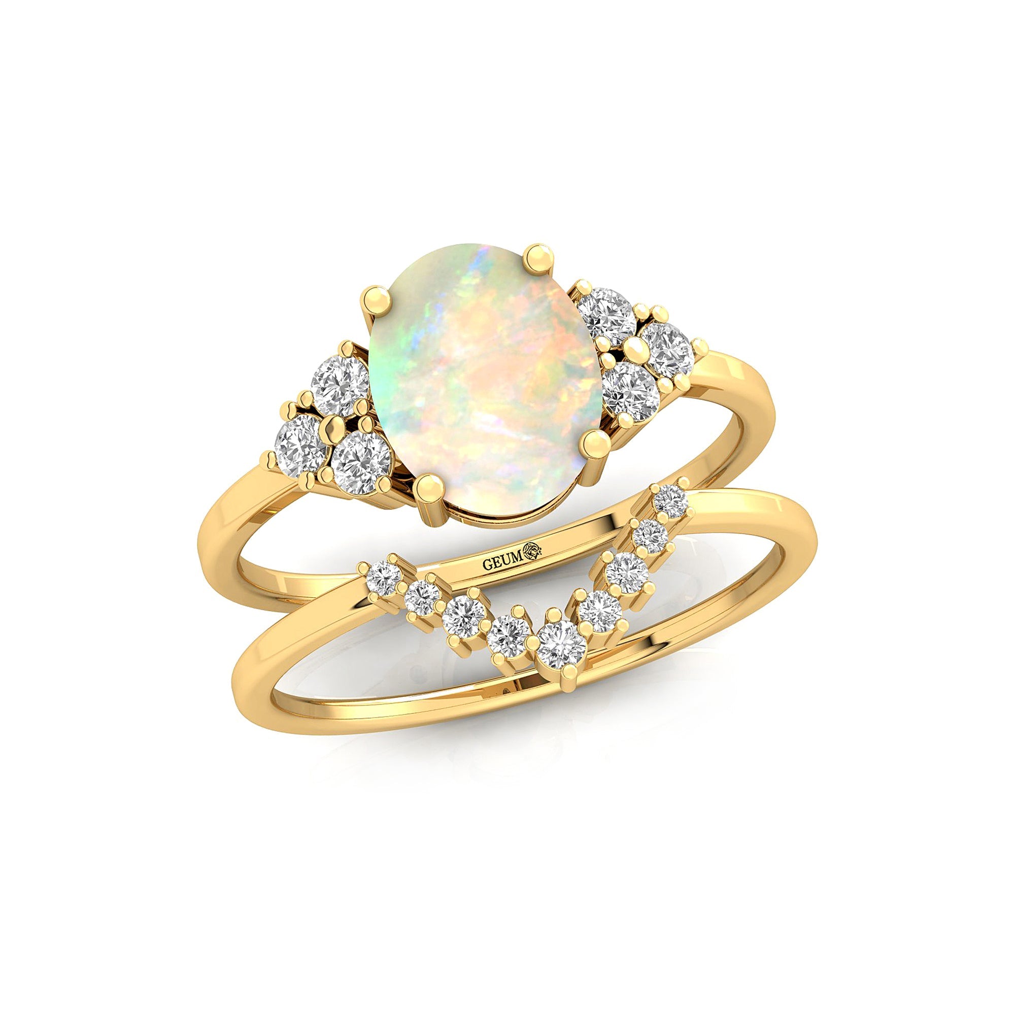 Opal Solitaire Gemstone Ring with Stackable Diamond Band - GeumJewels