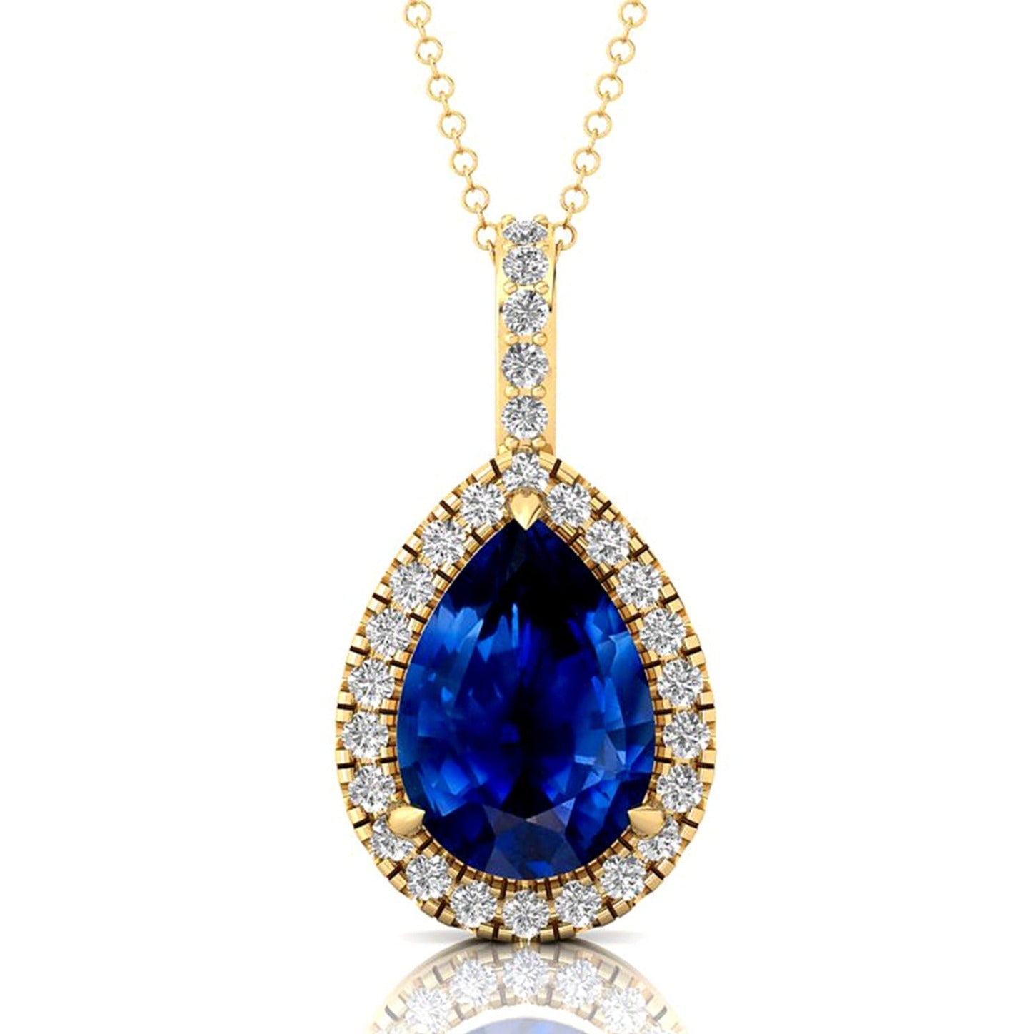 Blue Sapphire Teardrop Pendant with Diamond Halo - GeumJewels