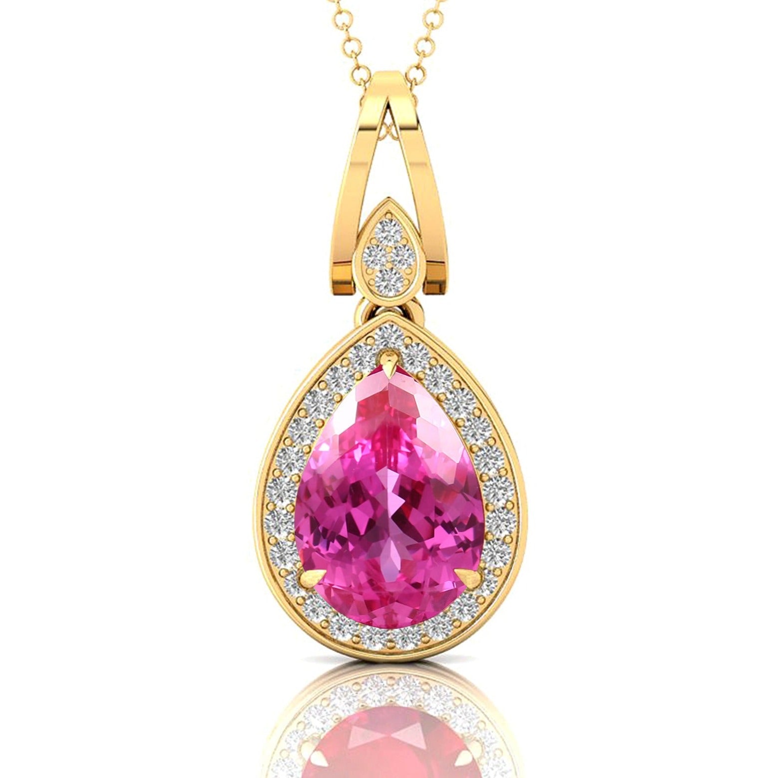 Classic Teardrop Shaped Pink Sapphire Halo Diamond Dangle Pendant - GeumJewels