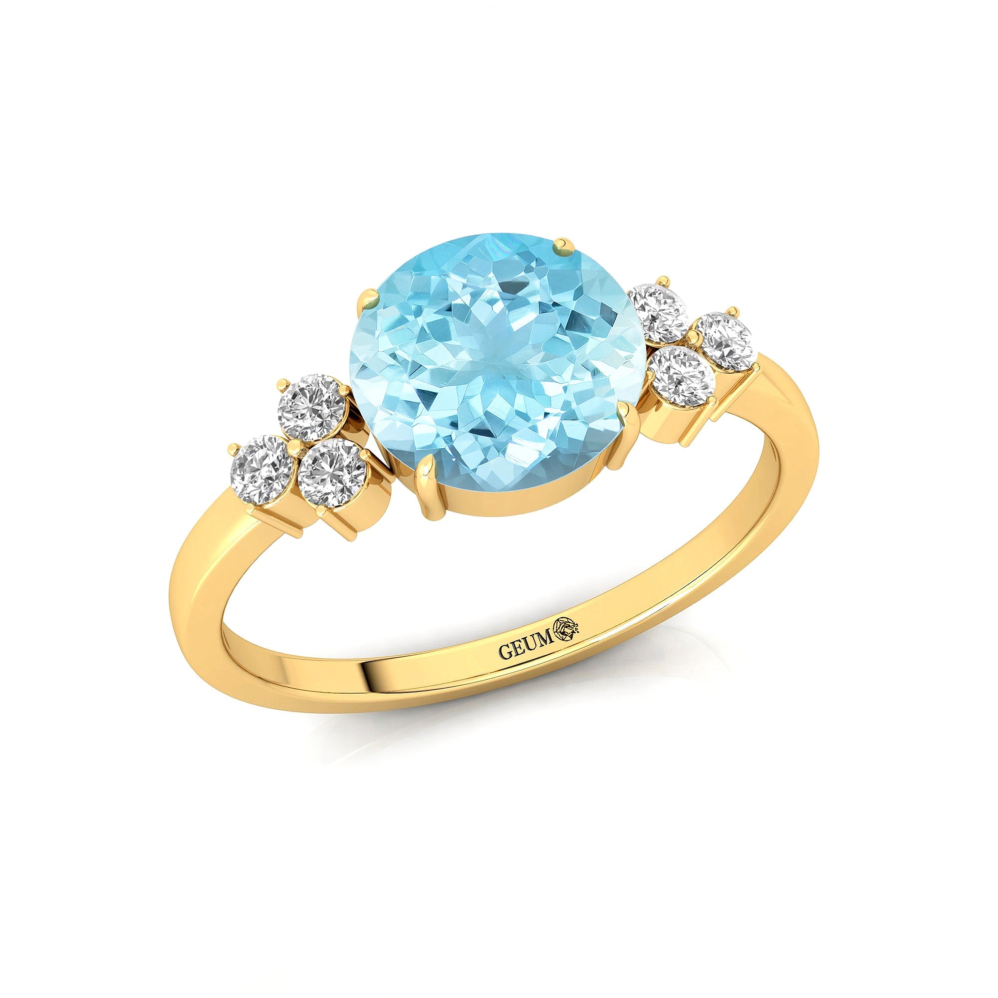 Trio Diamond Engagement Ring with Round Solitaire Aquamarine - GeumJewels
