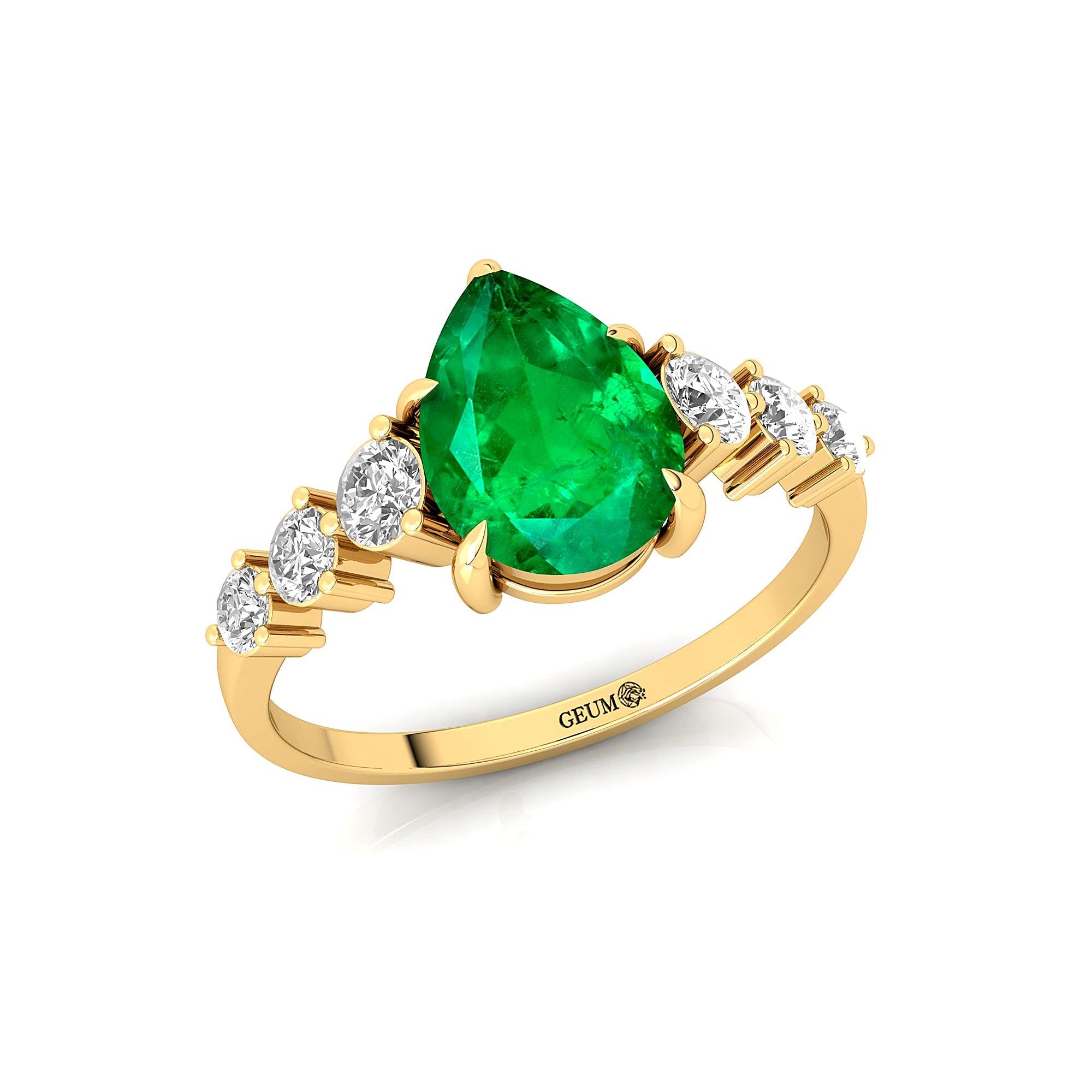 Pear Cut Emerald with Graduated Diamonds Ring - GeumJewels
