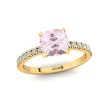 Morganite Square Cushion Under Halo Diamonds Thin Ring with Diamond Band - GeumJewels