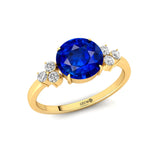 Trio Diamond Engagement Ring with Round Solitaire Blue Sapphire - GeumJewels