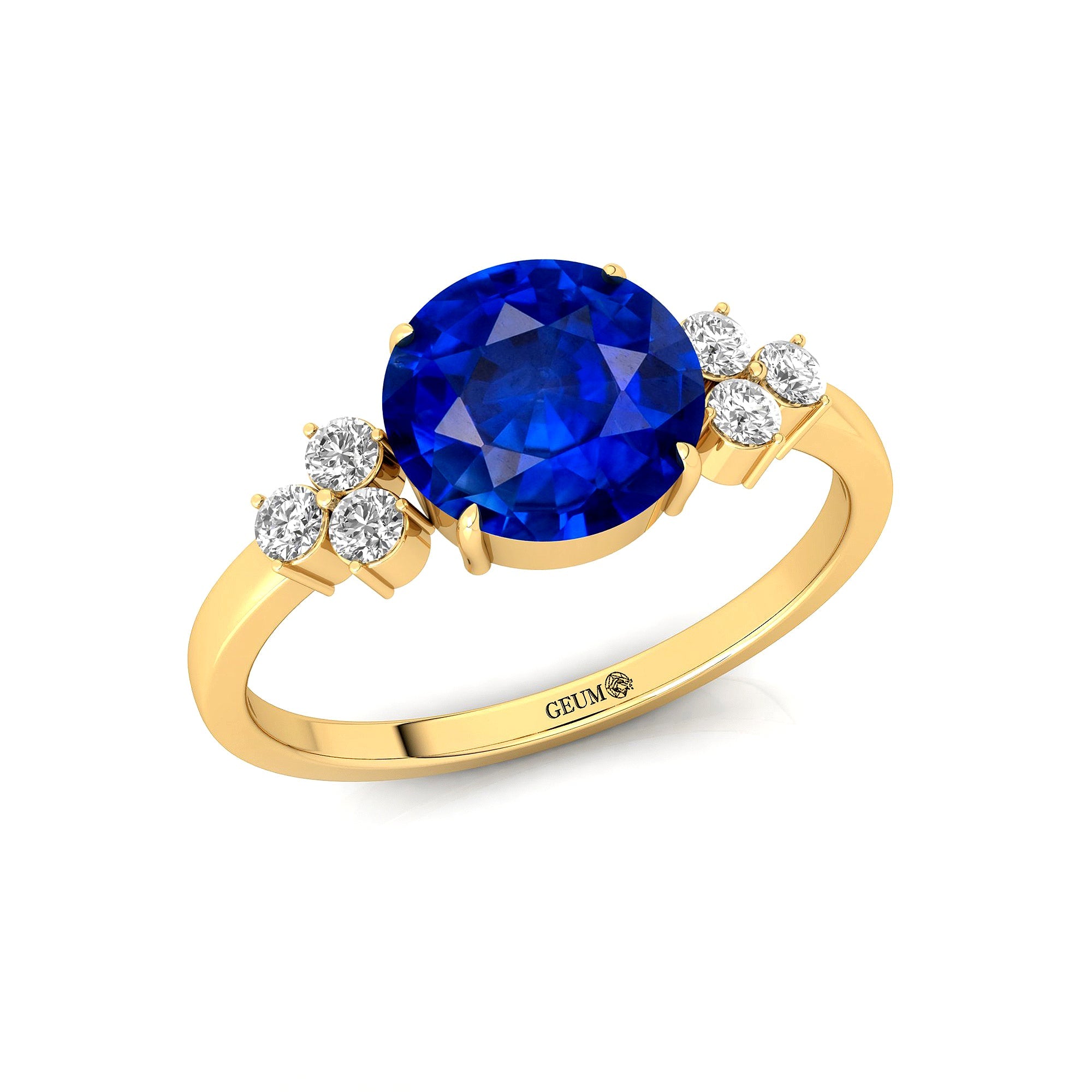 Trio Diamond Engagement Ring with Round Solitaire Blue Sapphire - GeumJewels