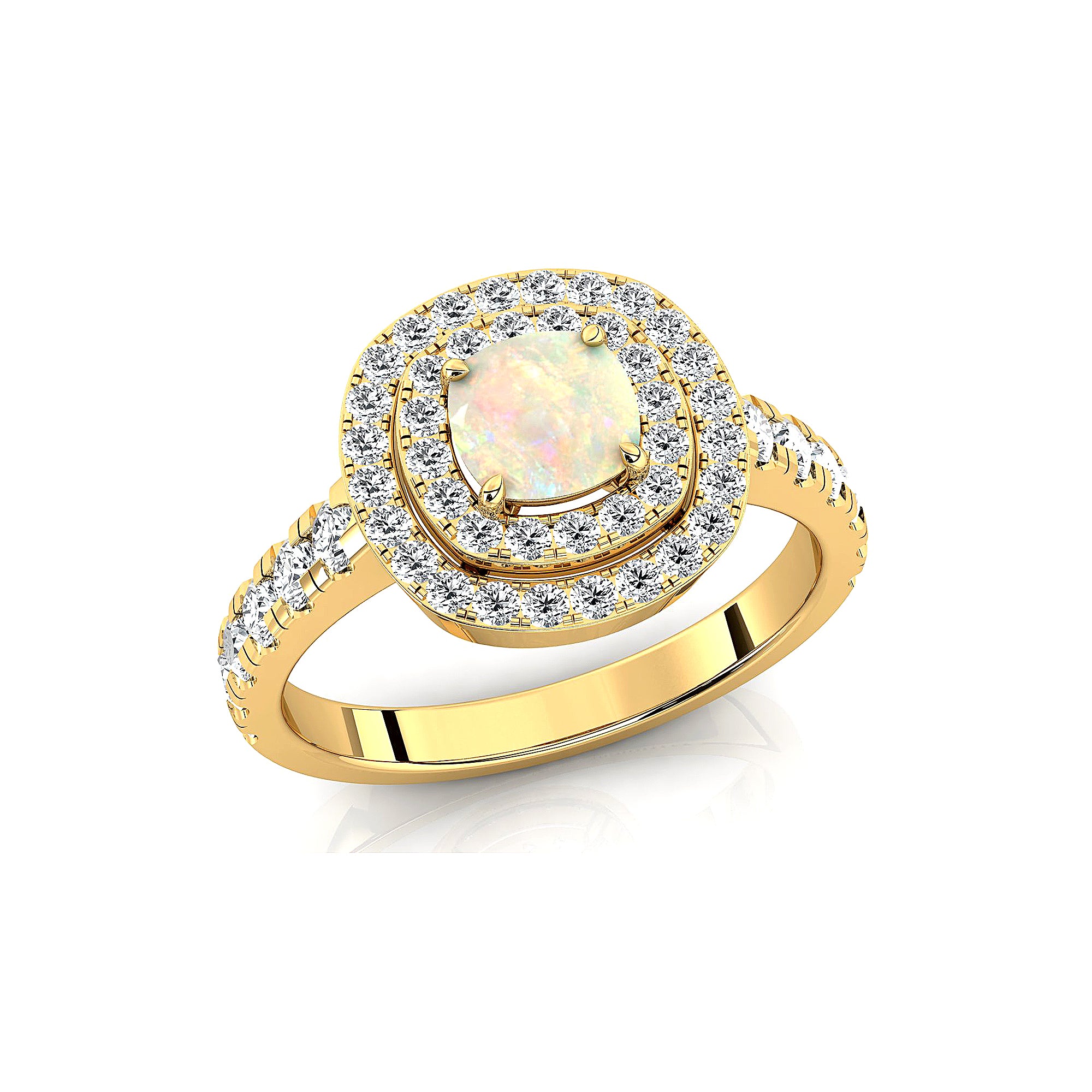 Double Halo Diamond Cushion Cut Opal Ring - GeumJewels