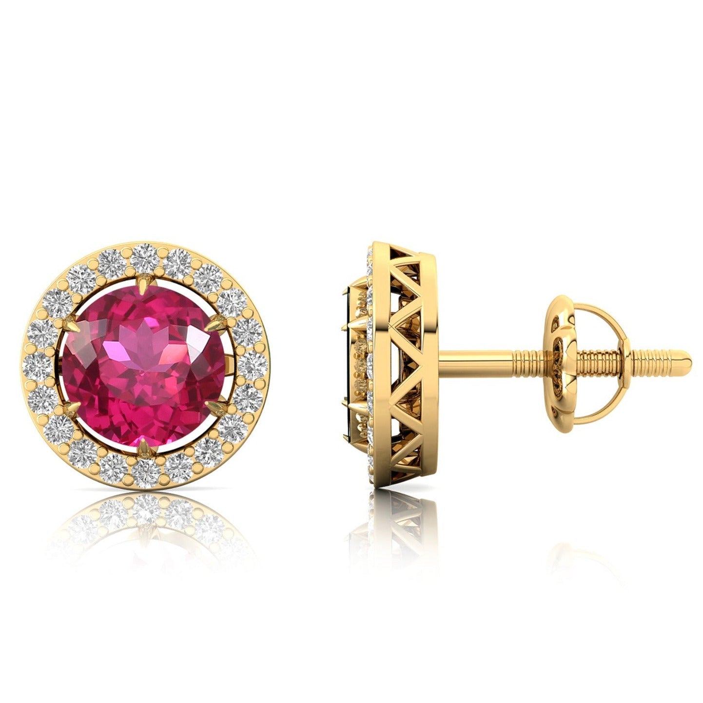 Round Solitaire Pink Sapphire Halo Diamond Stud Earrings - GeumJewels