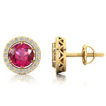 Round Solitaire Pink Sapphire Halo Diamond Stud Earrings - GeumJewels