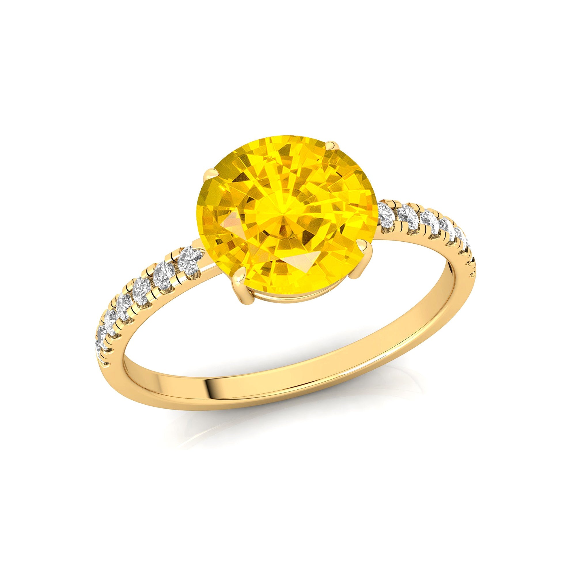 Classic Six Prong Round Solitaire Yellow Sapphire Ring with Accent Diamond Band - GeumJewels