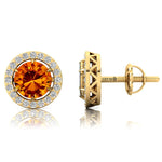 Round Solitaire Citrine Halo Diamond Stud Earrings - GeumJewels