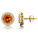 Round Solitaire Citrine Halo Diamond Stud Earrings - GeumJewels