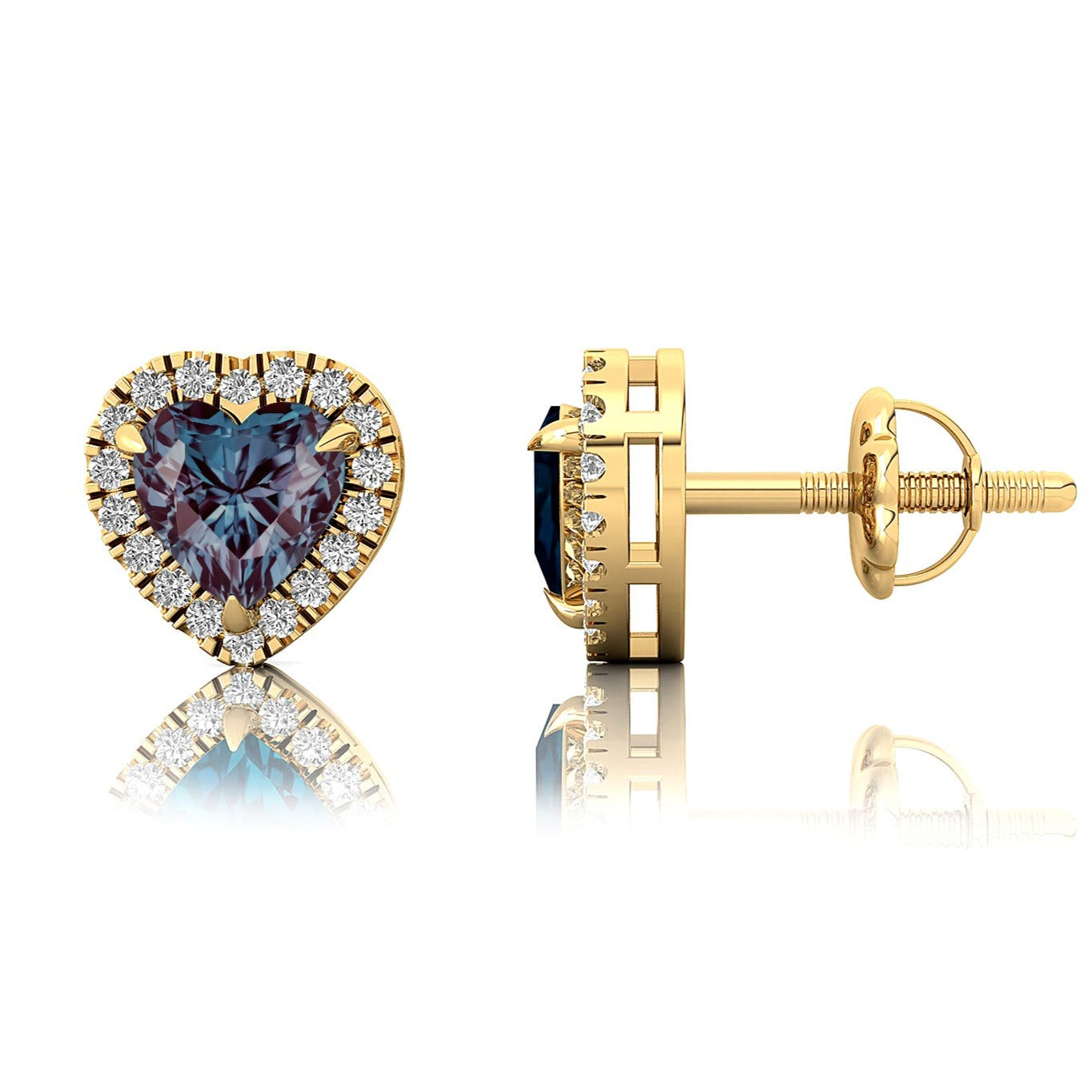 Heart Shaped Alexandrite Halo Diamond Stud Earrings - GeumJewels
