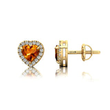 Heart Shaped Citrine Halo Diamond Stud Earrings - GeumJewels