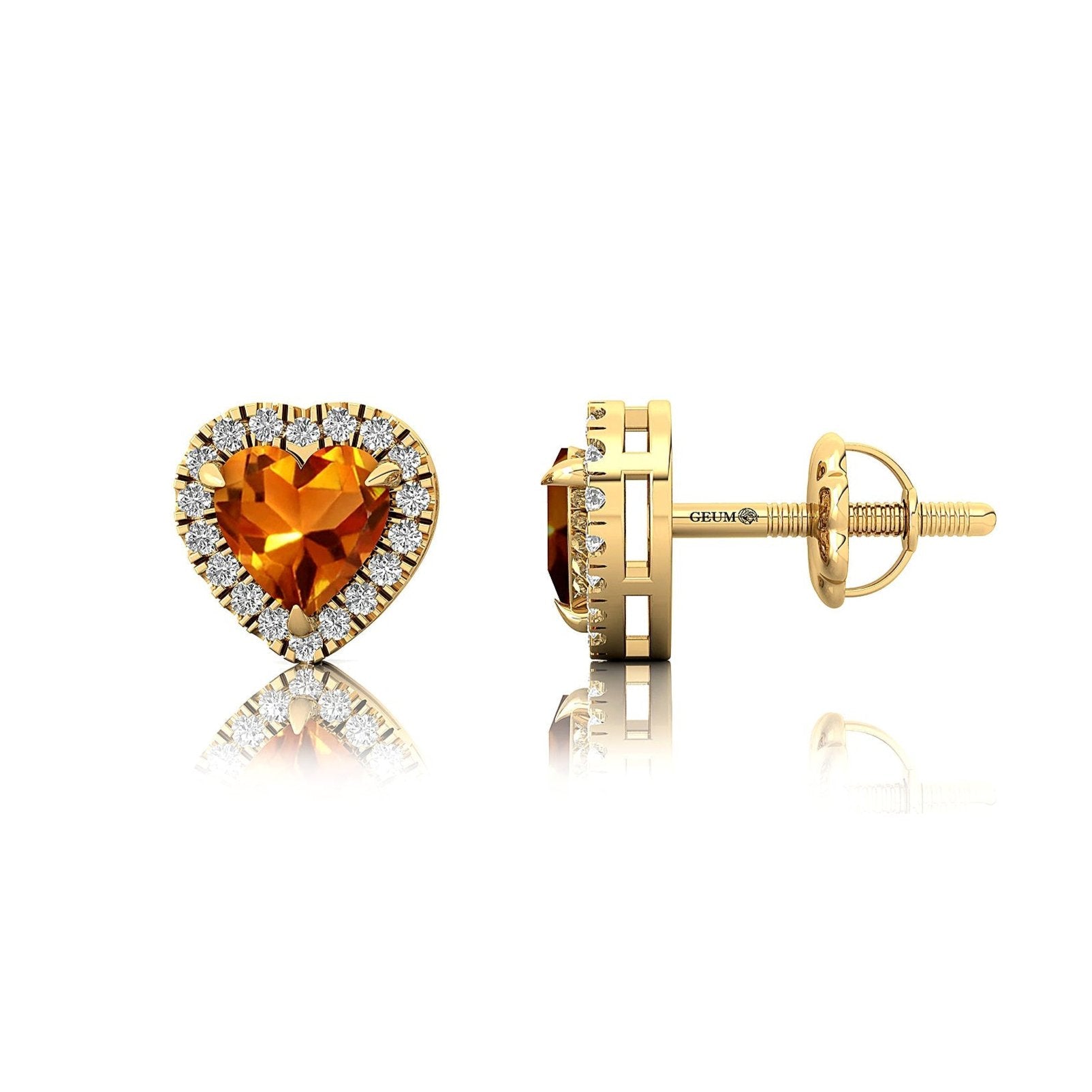 Heart Shaped Citrine Halo Diamond Stud Earrings - GeumJewels