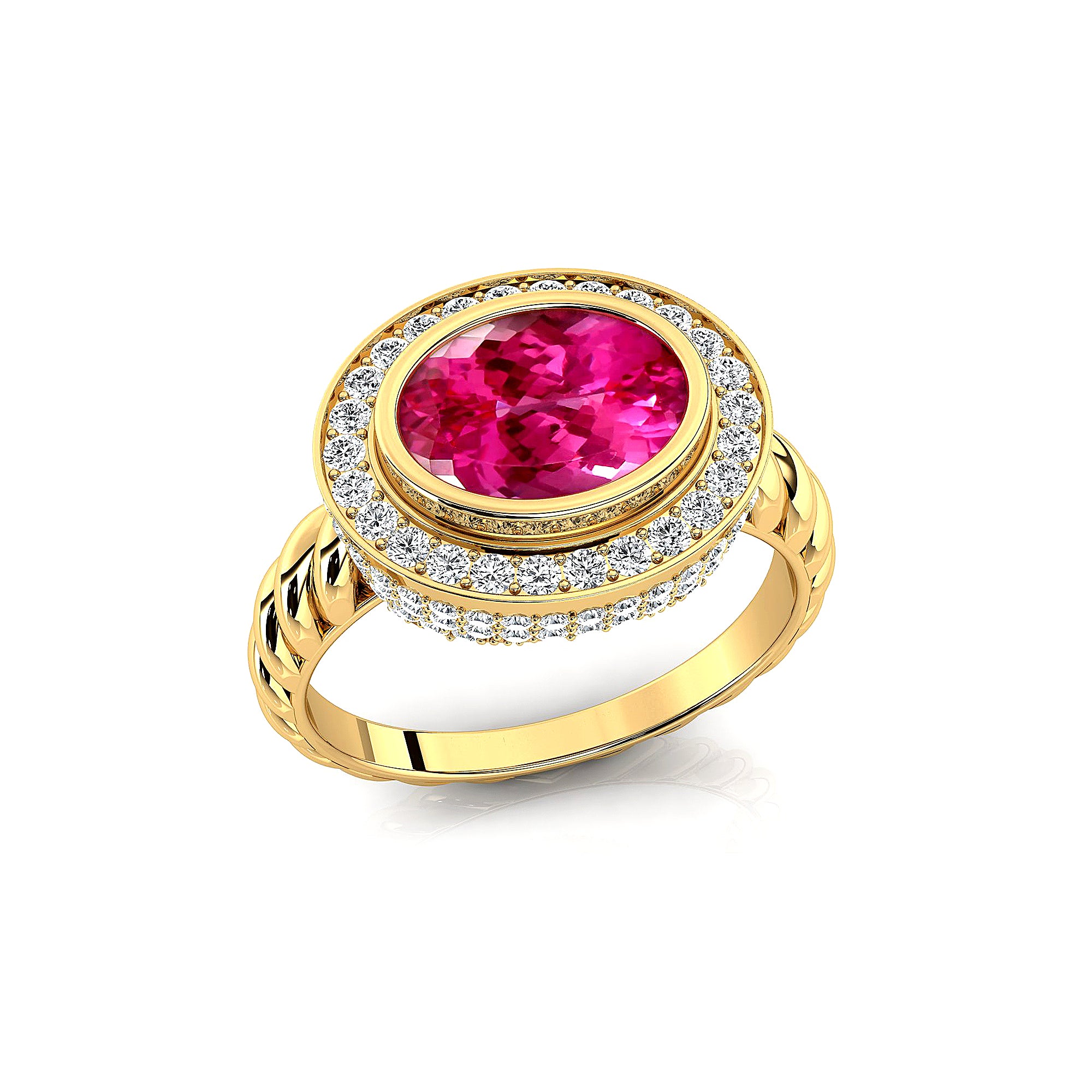 Vintage Style Elongated Oval Pink Sapphire Halo Diamond Twisted Ring - GeumJewels