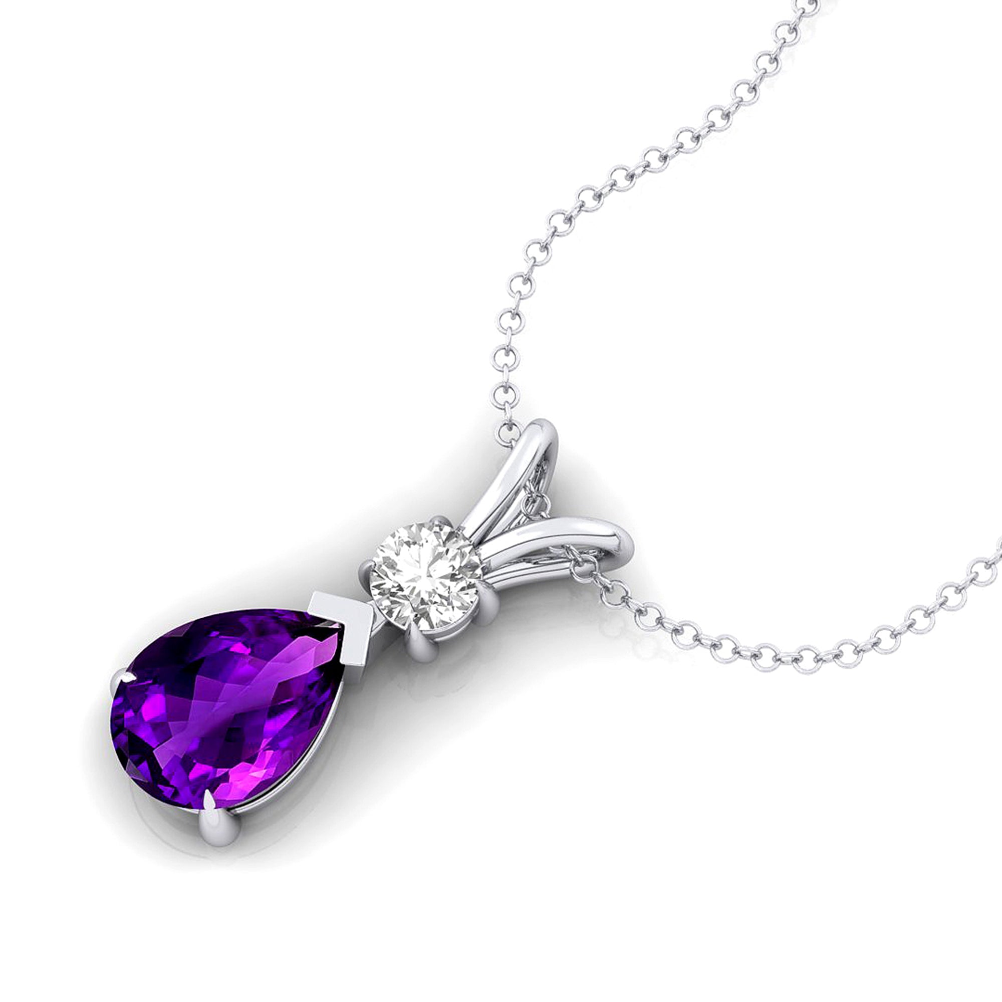 Amethyst Teardrop Pendant with Solitaire Diamond - GeumJewels