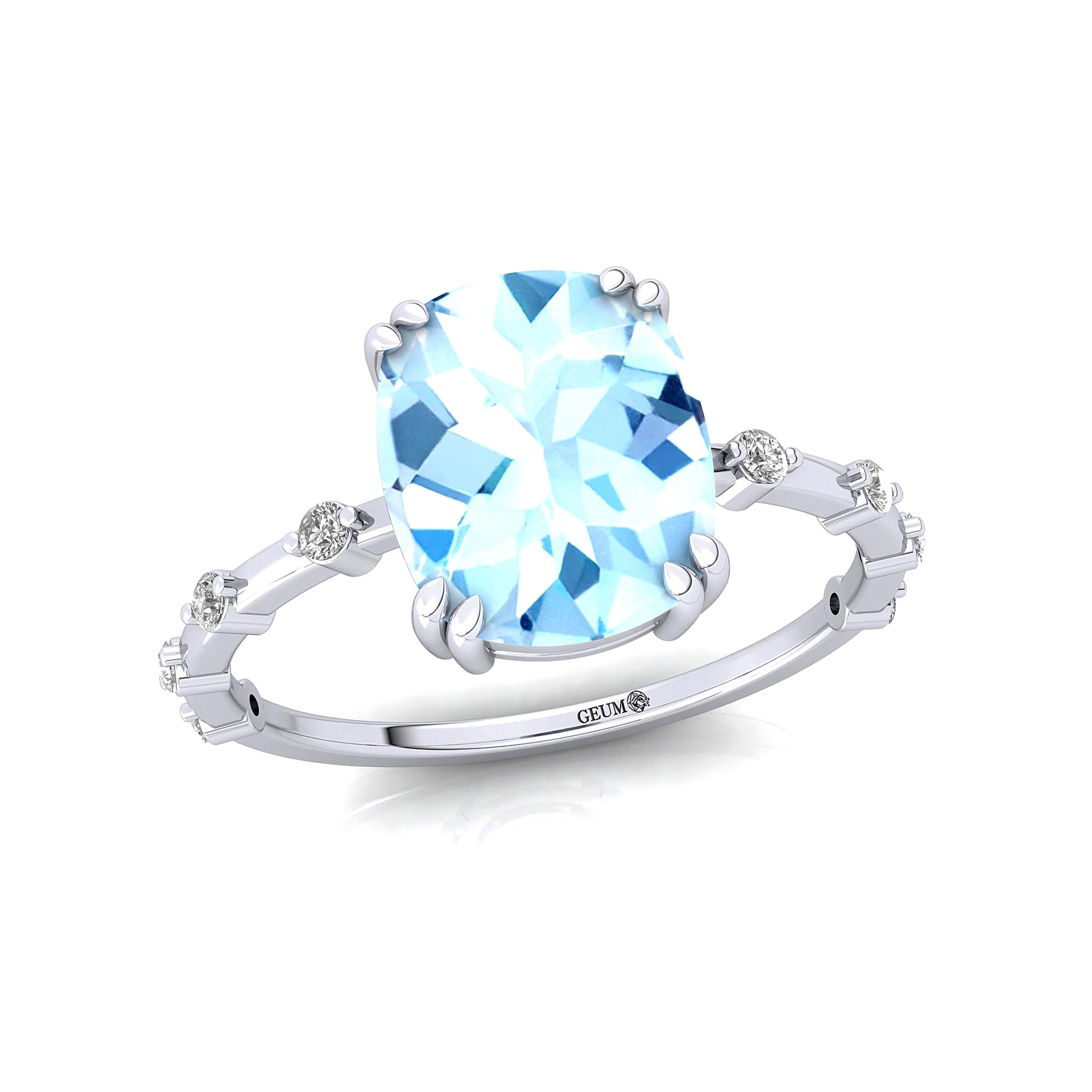 Cushion Cut Aquamarine Engagement Ring with Distant Diamond Band - GeumJewels