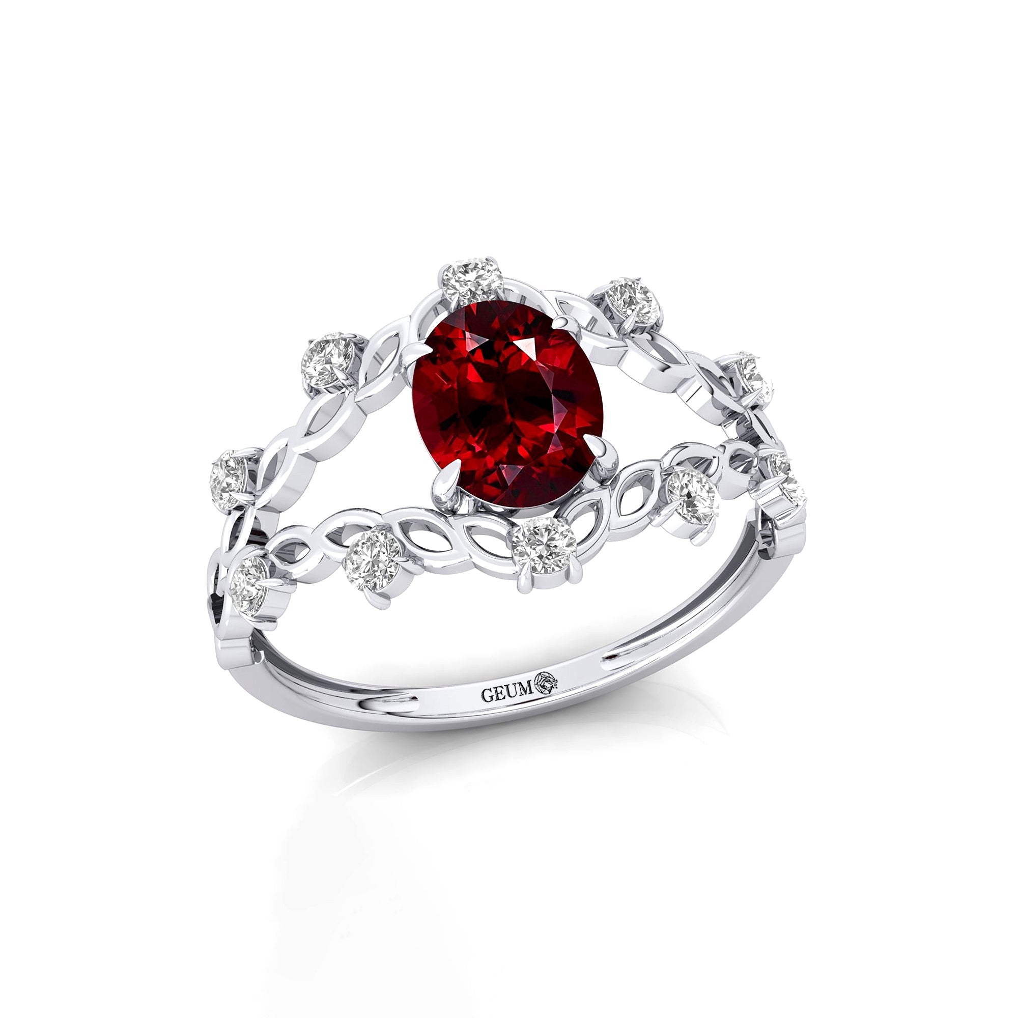 Flower Inspired Ring with Oval Shaped Garnet and Accent Diamonds - GeumJewels