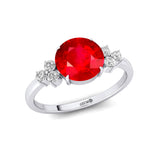 Trio Diamond Engagement Ring with Round Solitaire Ruby - GeumJewels