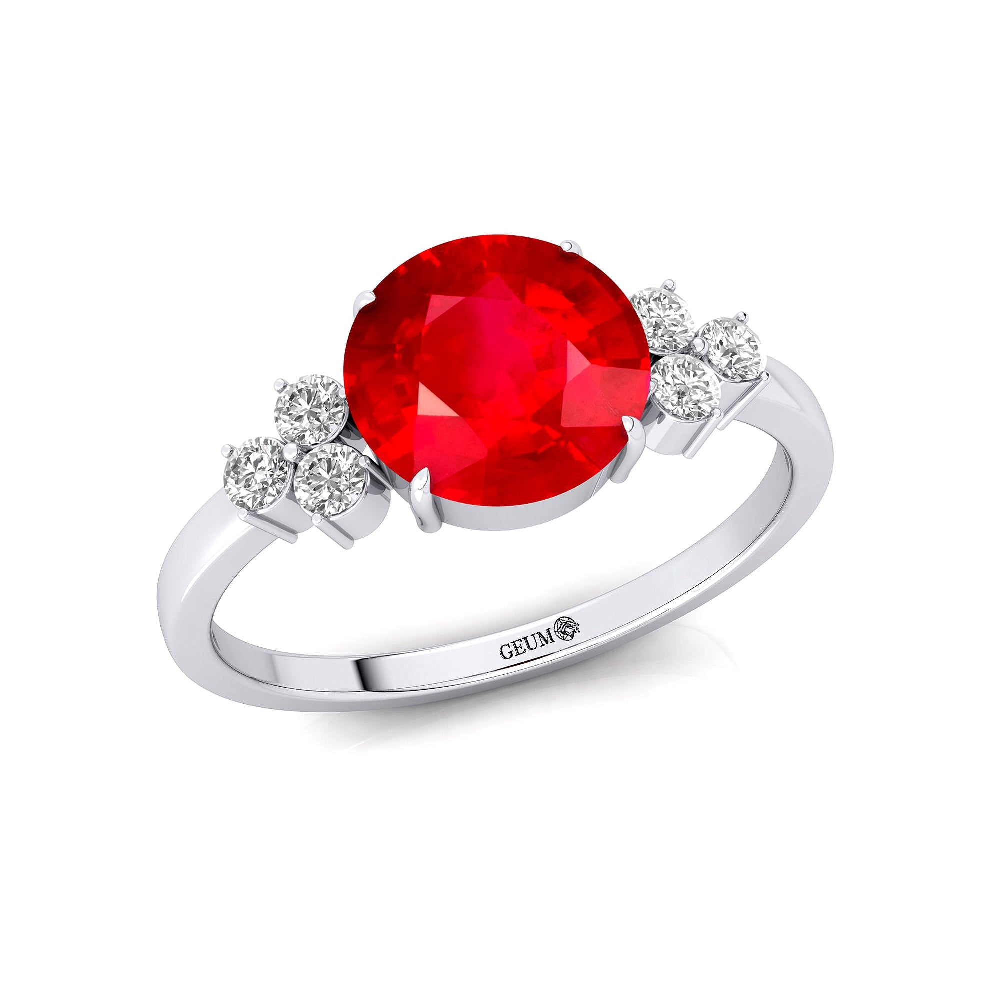 Trio Diamond Engagement Ring with Round Solitaire Ruby - GeumJewels