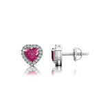 Heart Shaped Pink Sapphire Halo Diamond Stud Earrings - GeumJewels