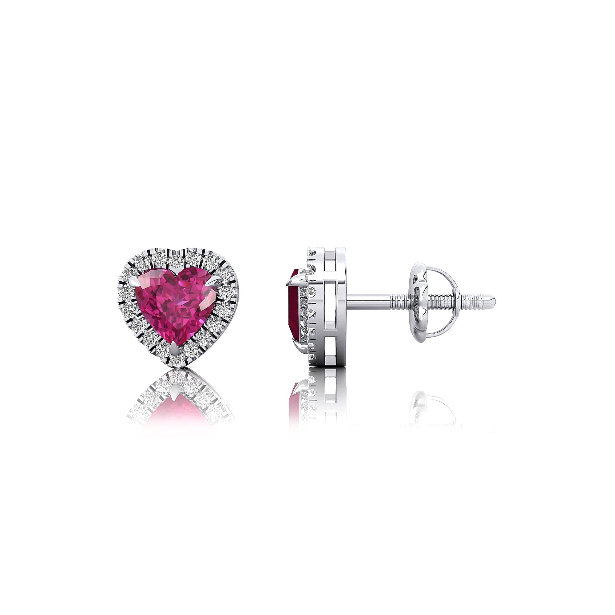 Heart Shaped Pink Sapphire Halo Diamond Stud Earrings - GeumJewels