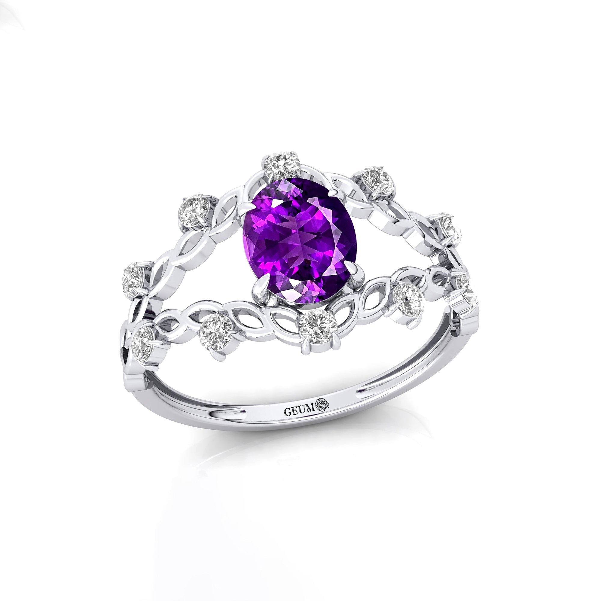 Flower Inspired Ring with Oval Shaped Amethyst and Accent Diamonds - GeumJewels