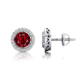 Round Solitaire Garnet Halo Diamond Stud Earrings - GeumJewels