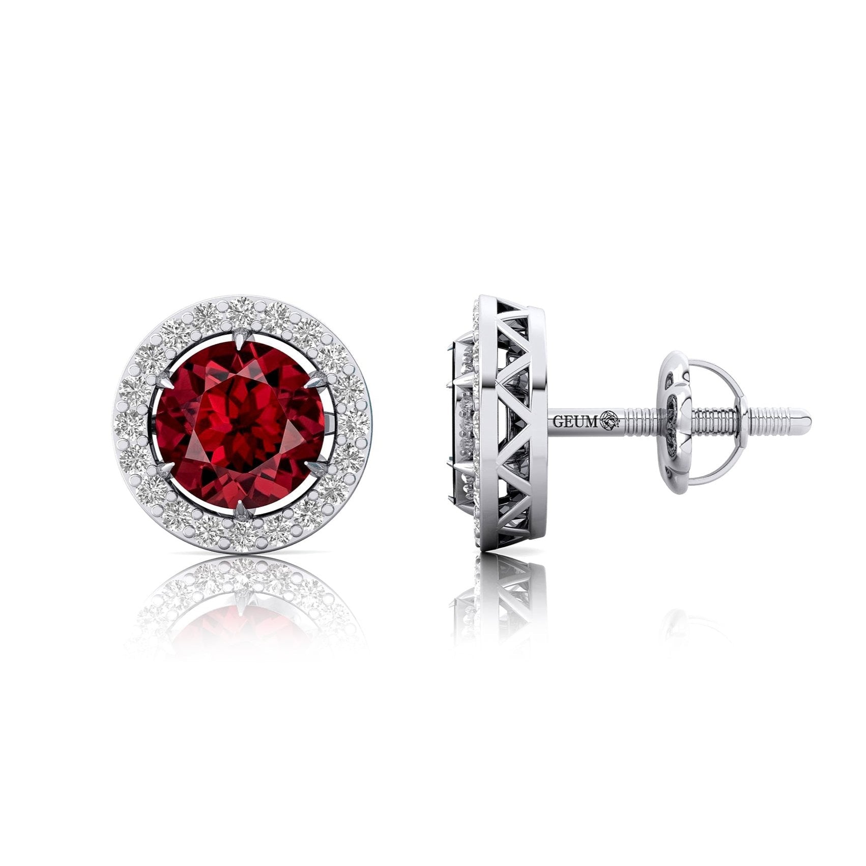 Round Solitaire Garnet Halo Diamond Stud Earrings - GeumJewels