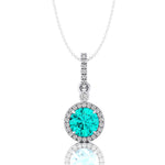 Classic Solitaire Round Paraiba Tourmaline Halo Diamond Dangle Pendant - GeumJewels