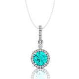 Classic Solitaire Round Paraiba Tourmaline Halo Diamond Dangle Pendant - GeumJewels
