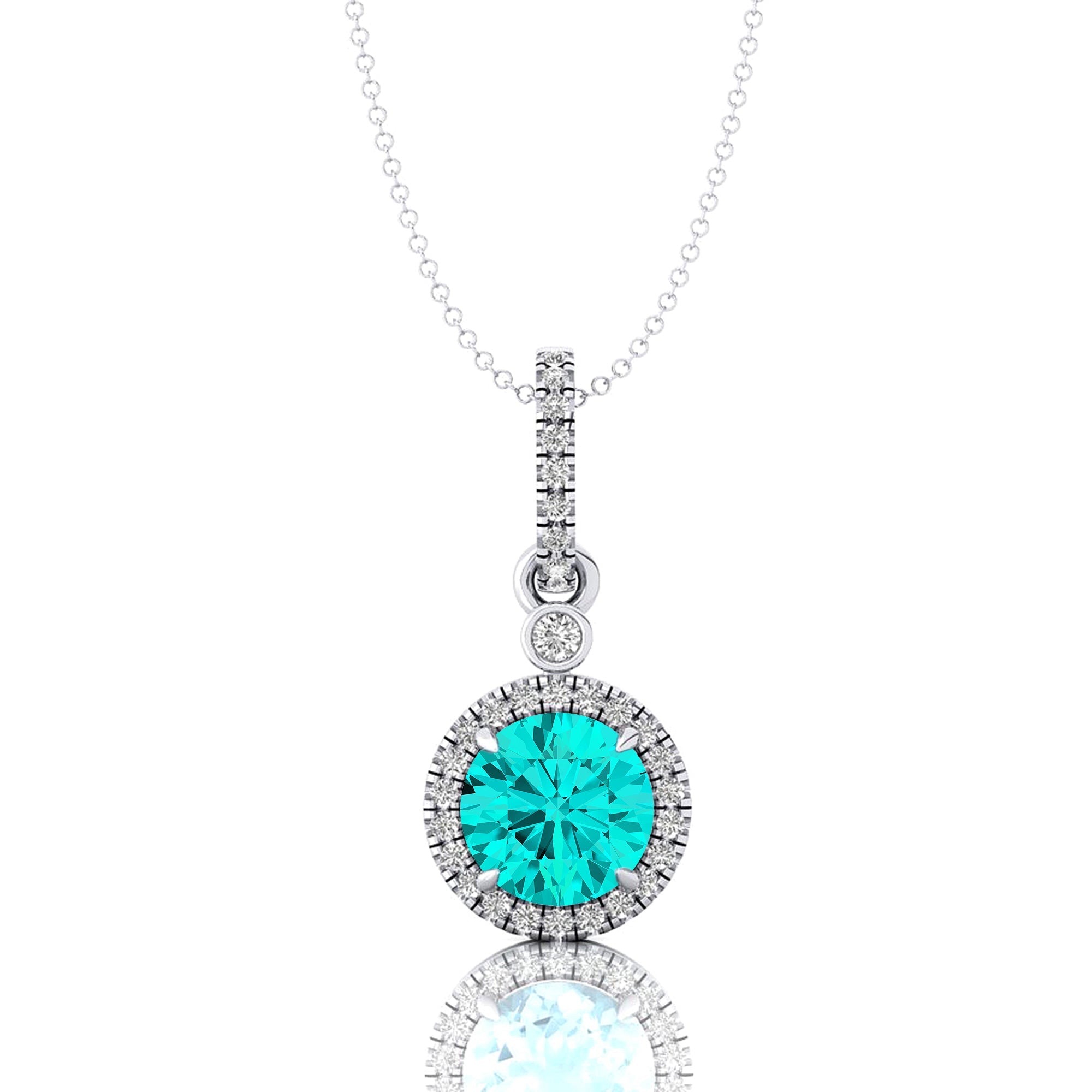 Classic Solitaire Round Paraiba Tourmaline Halo Diamond Dangle Pendant - GeumJewels