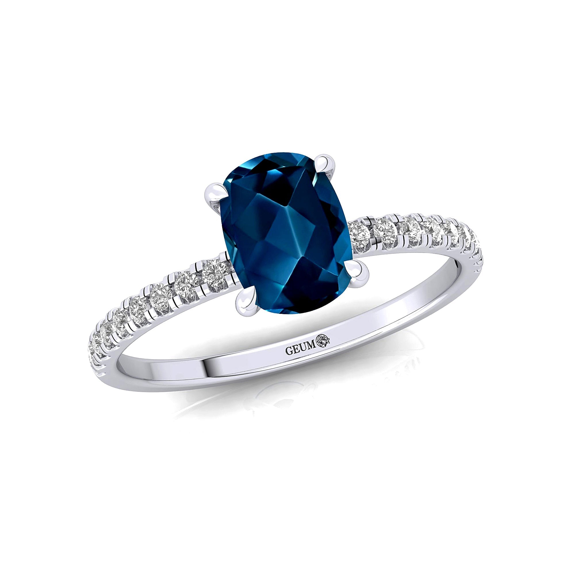Long Cushion London Blue Topaz Thin Diamond Promise Ring - GeumJewels