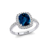 Elongated Cushion Halo Set London Blue Topaz Engagement Ring with Diamond Band - GeumJewels