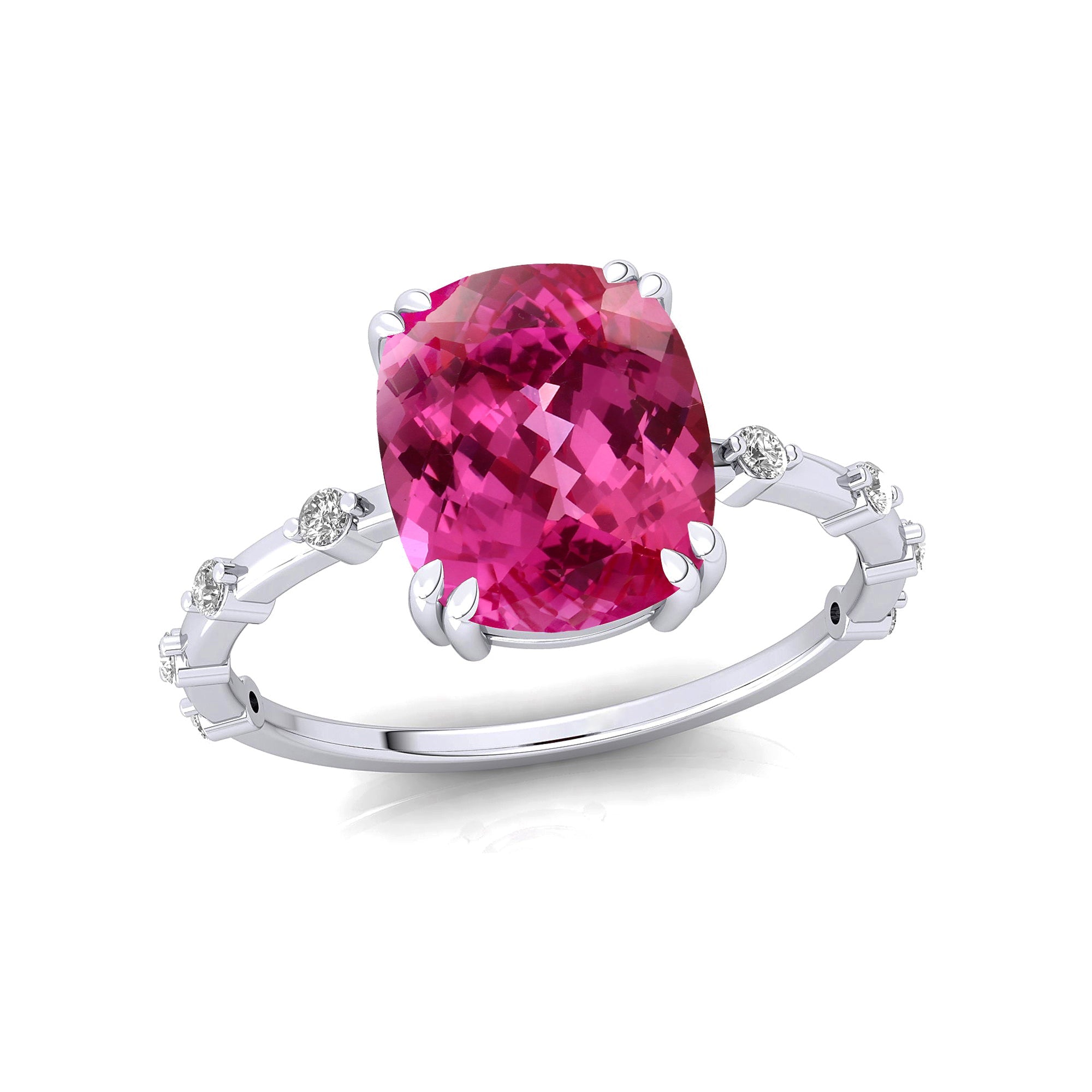 Cushion Cut Pink Sapphire Engagement Ring with Distant Diamond Band - GeumJewels