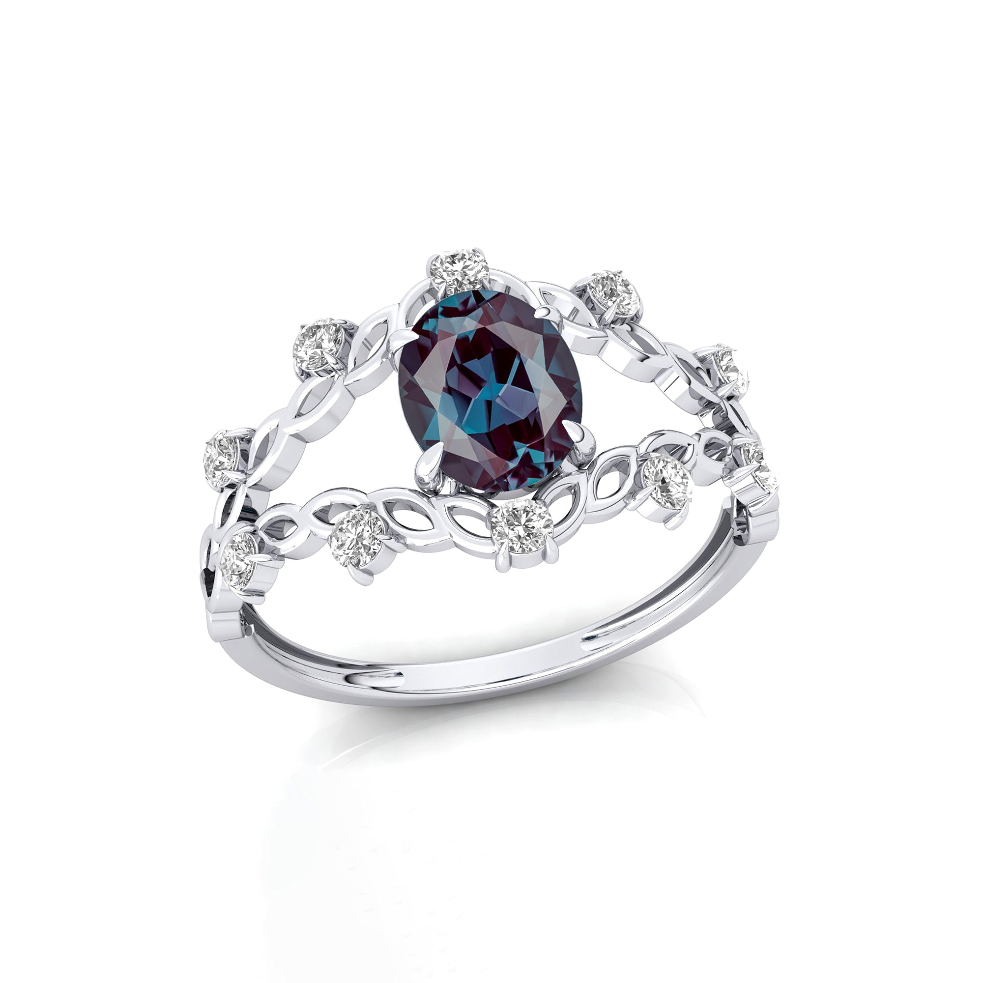 Flower Inspired Ring with Oval Shaped Alexandrite and Accent Diamonds - GeumJewels