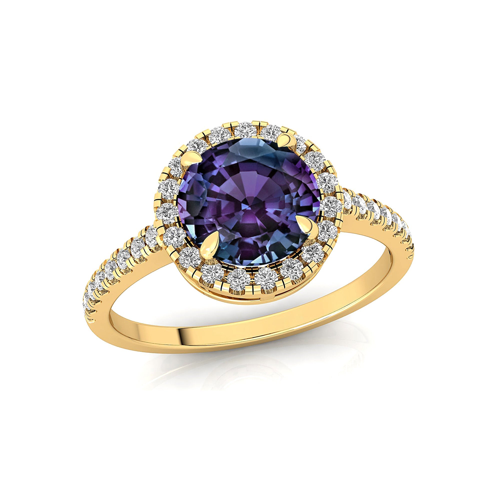 Classic Round Halo Diamonds with Solitaire Alexandrite Engagement Ring - GeumJewels