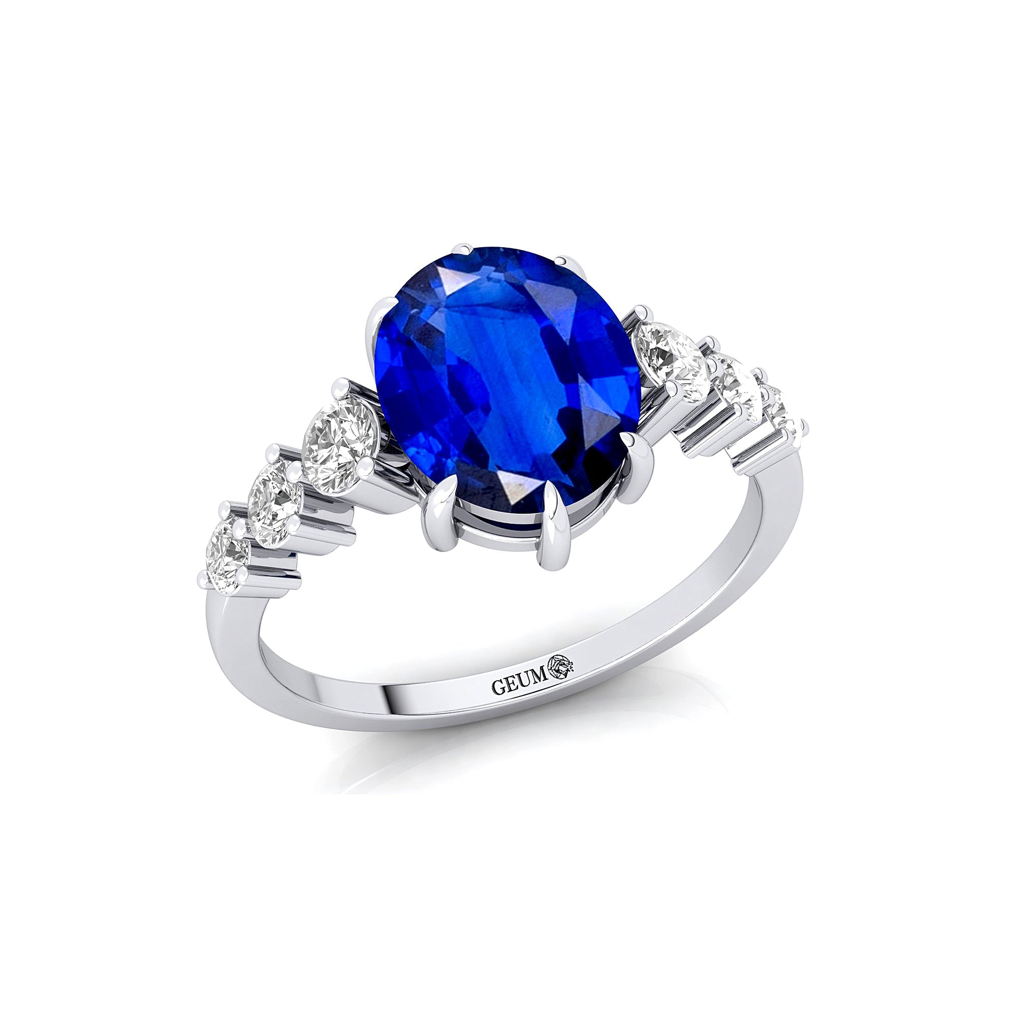 Oval Cut Blue Sapphire with Graduated Diamonds Ring - GeumJewels