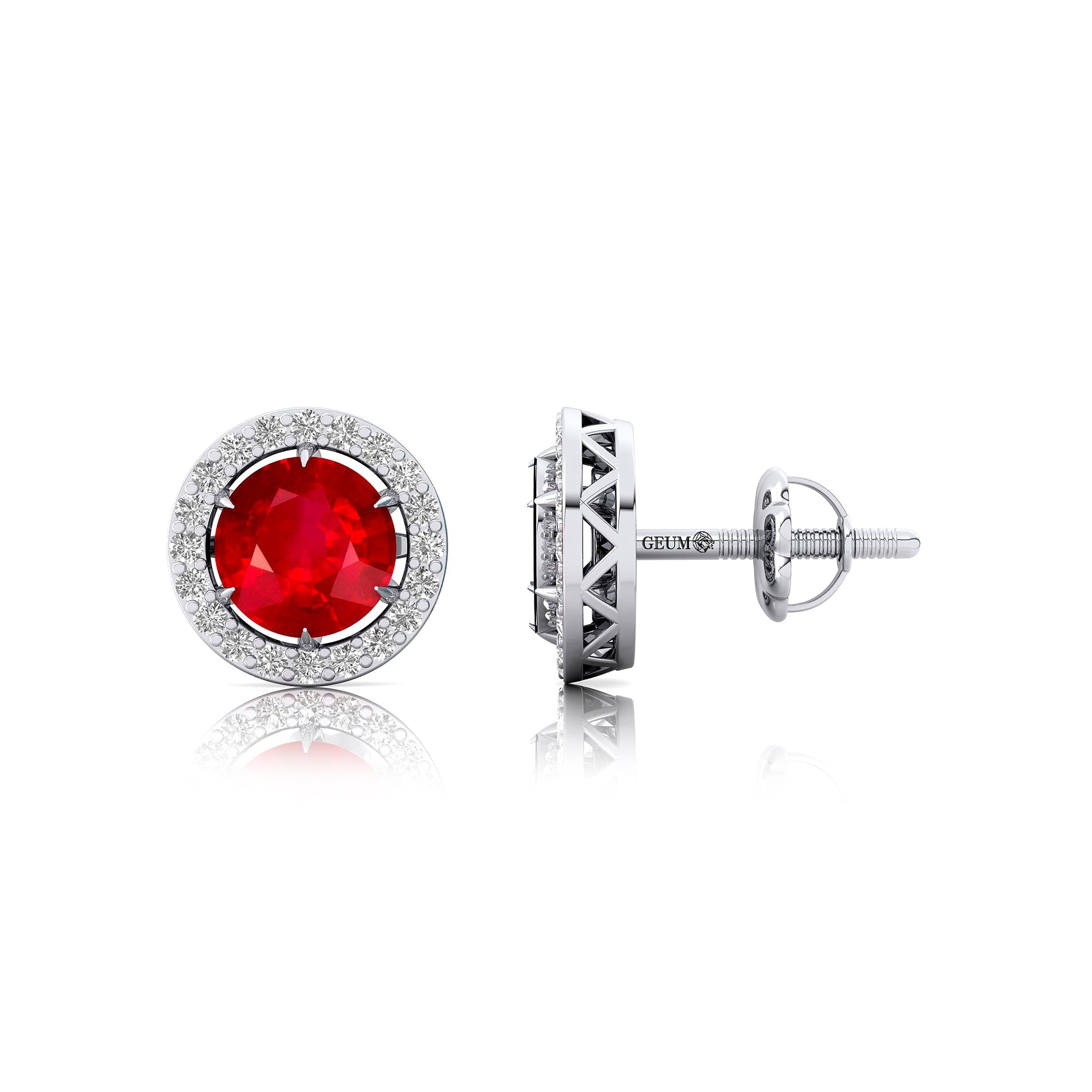 Round Solitaire Ruby Halo Diamond Stud Earrings - GeumJewels