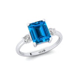 Emerald Cut Swiss Blue Topaz and Diamond Three Stone Ring - GeumJewels