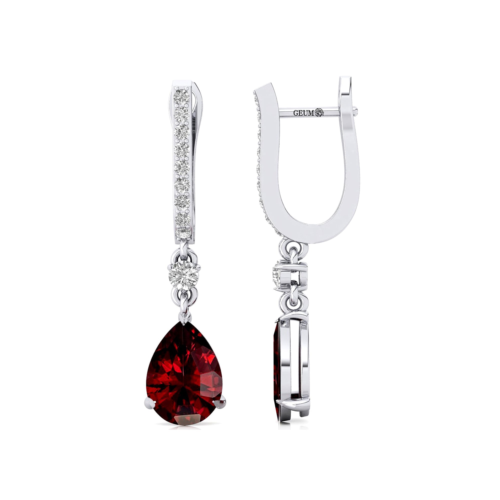 Lever Back Diamond Drop Earrings with Pear Cut Garnet - GeumJewels