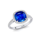 Halo Diamond Engagement Ring with Cushion Cut Blue Sapphire - GeumJewels